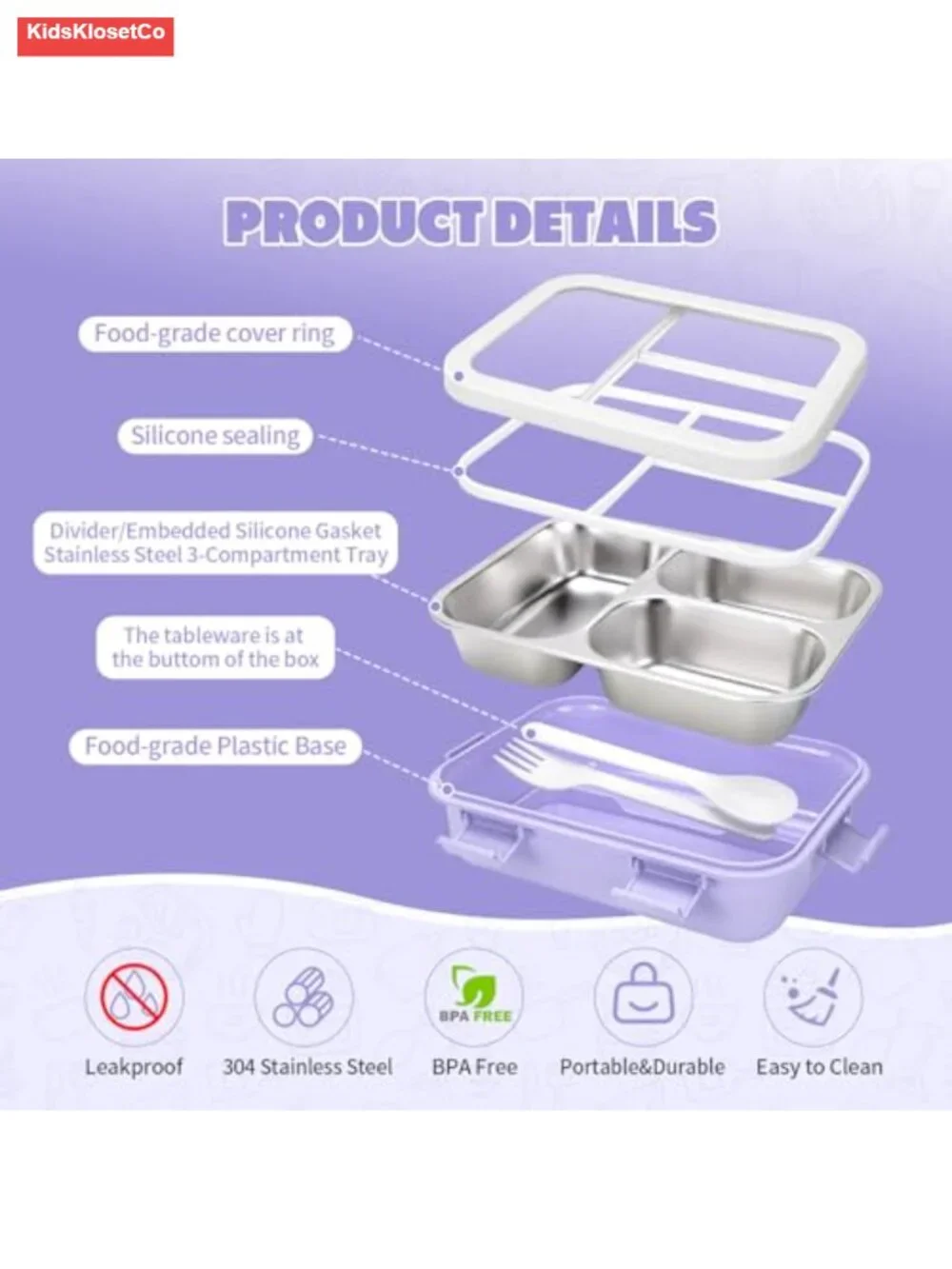 Kids Stainless Steel Lunch Box 3 Compartments Leakproof Metal Bento Set with